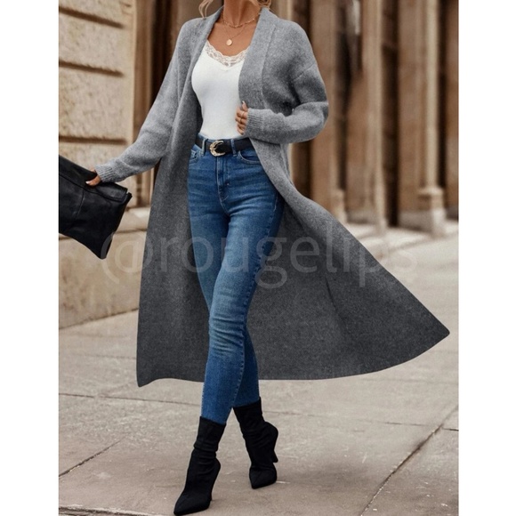 Grey Duster Shawl Cardigan Knit Long Open Long Sleeve - Picture 3 of 8